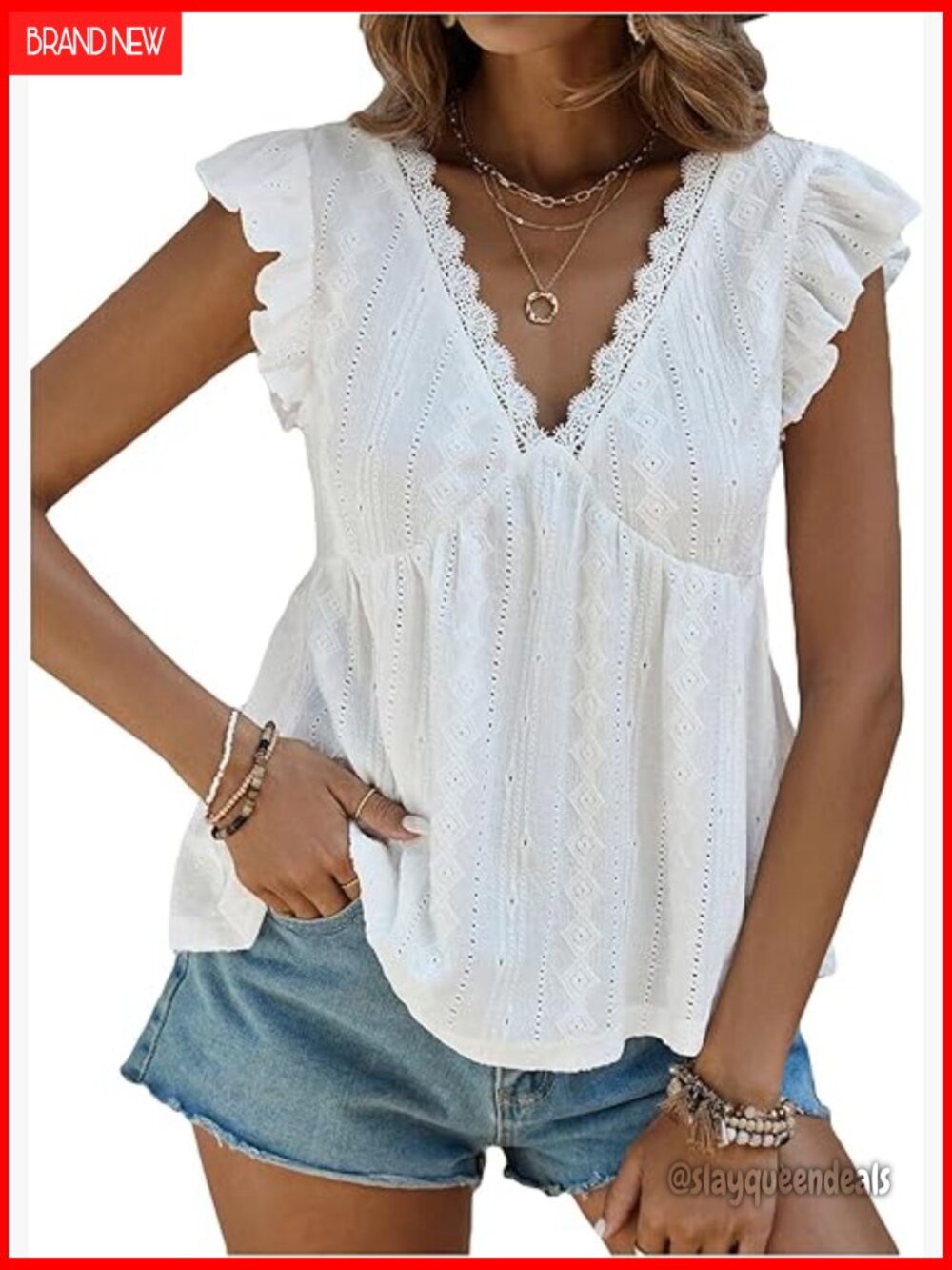 Lace Trim V-Neck Ruffle Sleeve Eyelet Tank Blouse Size S